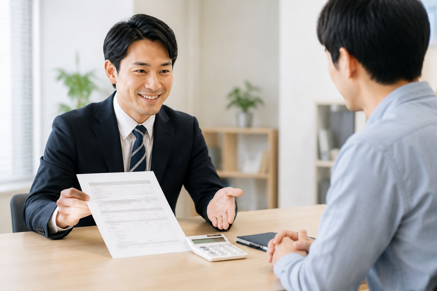 見積書と電卓を使って料金を説明する税理士